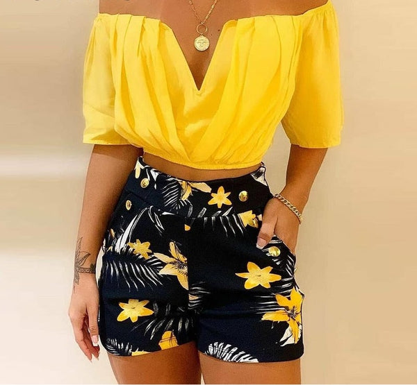 Off Shoulder Ruched Top- Shorts Set