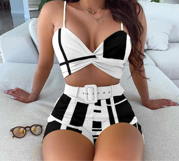 Colorblock Spaghetti Strap Twisted Top Shorts Set Suit