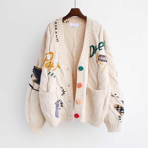 Warm Loose Embroidered Knitted Sweater Cardigan With Pockets