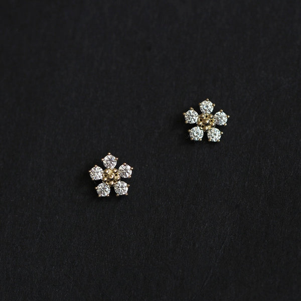 Sweet Small Flower Boho Pavé Diamond 14k Gold Plated Earrings