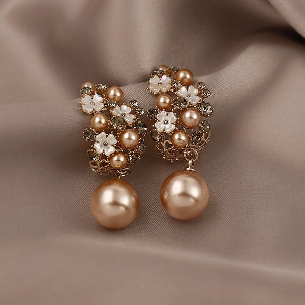 Pearls Metal Flowers Drop Earrings