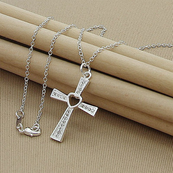 Silver Hollow Heart Cross Necklace