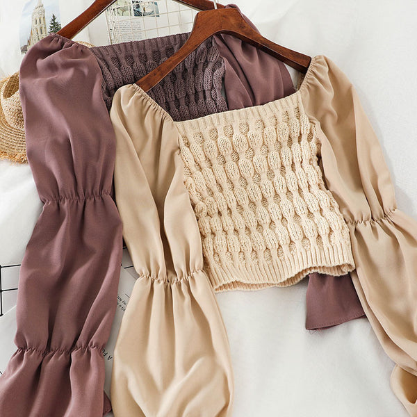 Pullover Crop Top Chiffon Flare Sleeve Sweater