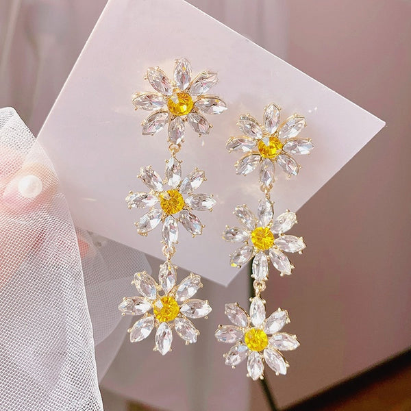 Elegant Yellow Crystal Flower Petal Drop Earrings