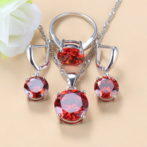 Round Different Color Gemstone Earrings Necklace Ring Sets