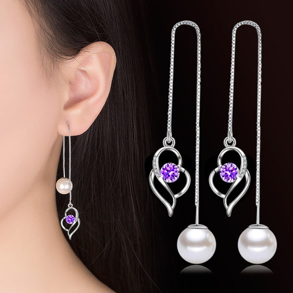 Pearl Long Tassel CZ Heart Earrings