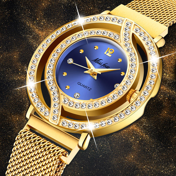 Magnetic Blue Face CZ Diamond Gold Watches