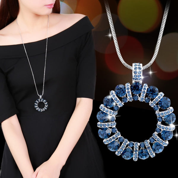 Crystal Round Circle Pendant Long Necklace