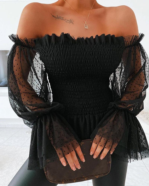 Off Shoulder Sheer Lace Mesh Flare Sleeve Blouse