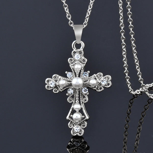 Vintage Baroque Simulated Pearl Hollow Cross Necklace