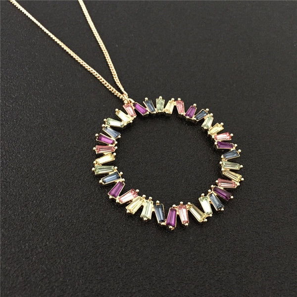 Elegant Multi Color Baguette Cut Rhinestone Circle Pendant Necklaces