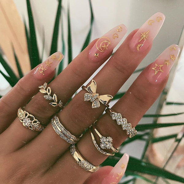 Bohemian Gold Butterfly Crystal Ring Set