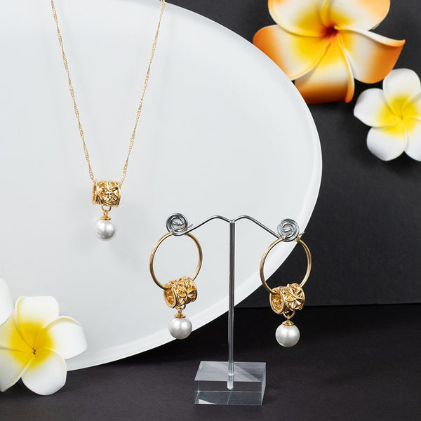 Hawaiian Gold Pearl Necklace Hoop Earring Sets