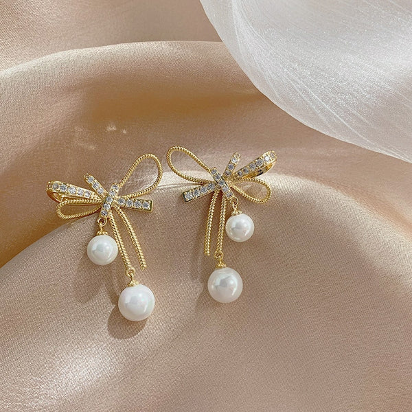 Bow And Pearls Dangle Earrings