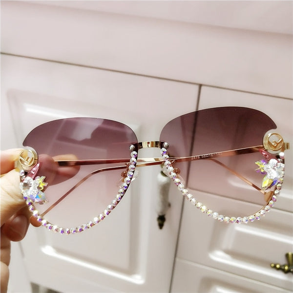 Rimless Cat Eye Vintage Design Crsytal Sunglasses