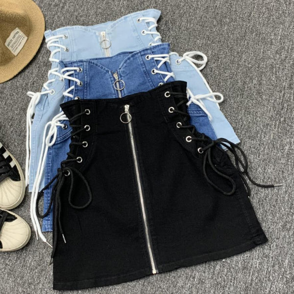 Denim Lace-Up Front Zipper Mini Skirt