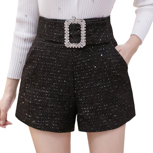 Rhinestones Tweed High waisted Shorts