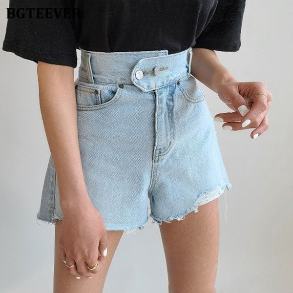 Chic Ripped Edge High Waist Double Button Jean Shorts