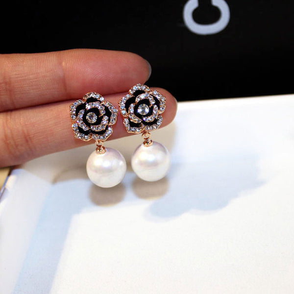 Camelia Flower Pearls Dangling Earrings