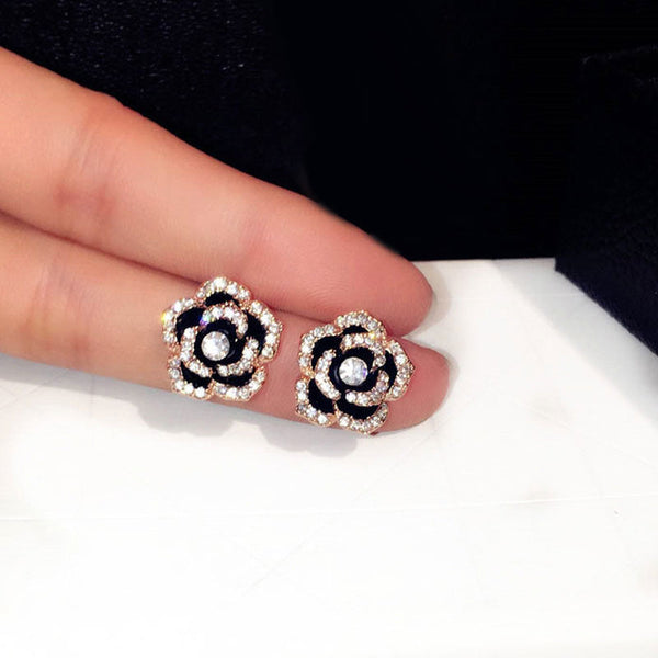 Black Camelia Flower Stud Earrings