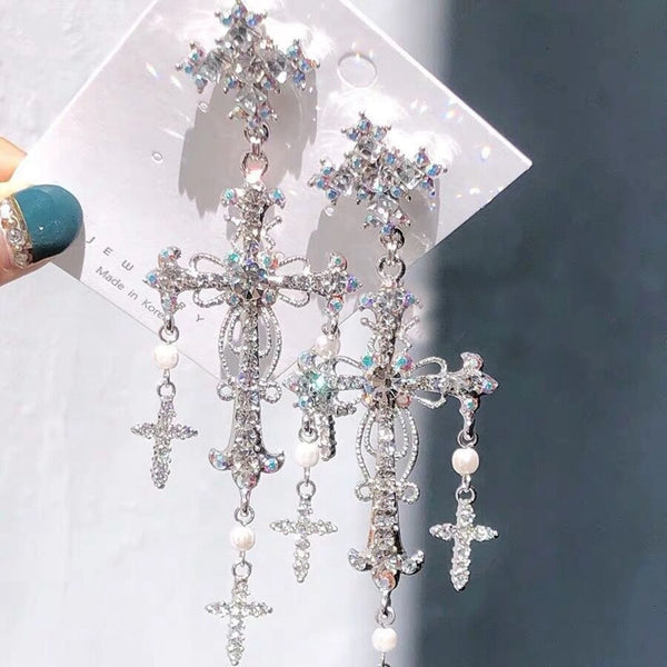 Palace Style Crystal Pearl Cross Dangle Earrings