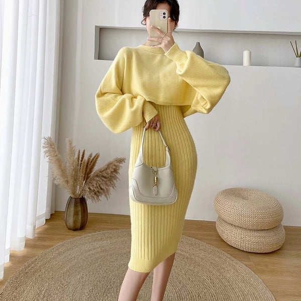 Soft Knitted Long Batwing Sleeve + O Neck 2 Piece Dress