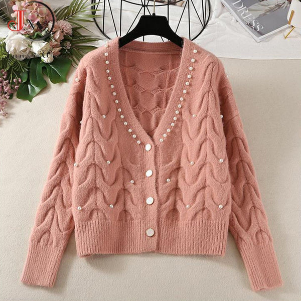 Sweet Beaded Knitted V Neck Cardigans