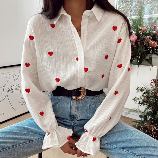 Casual Red Hearts Turn Down Collar Blouses