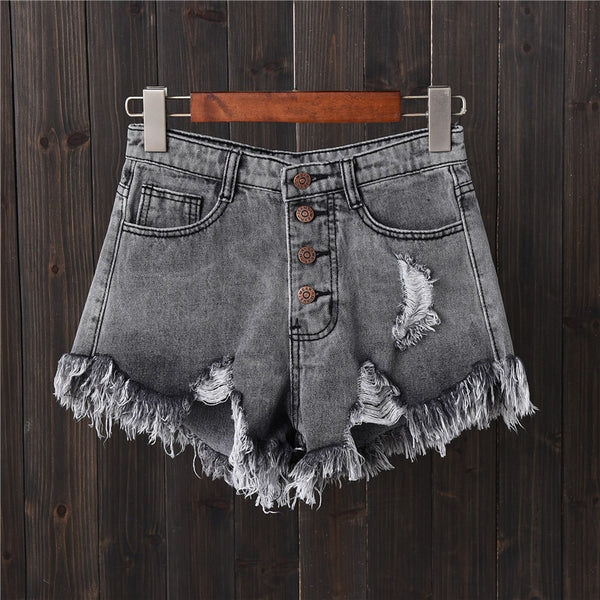 Ripped Hole Fringe Denim Shorts