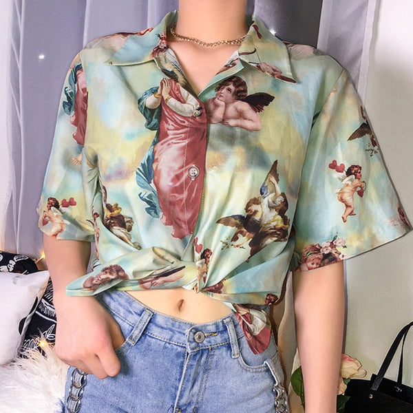 Cupid Angel Printed Short Sleeve Graphic Blouse