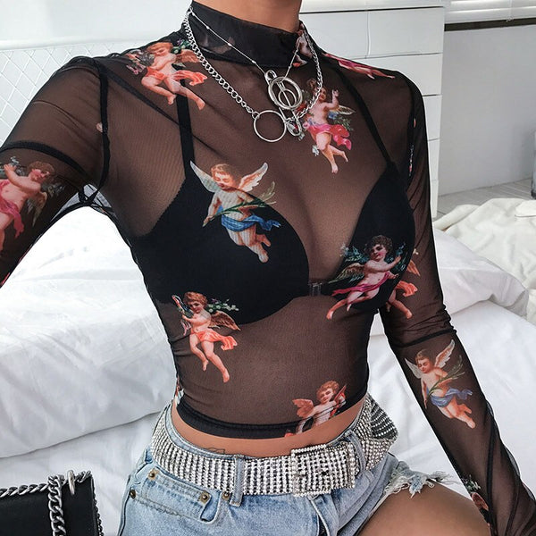 Long Sleeve See Through Transparent Mesh Tops