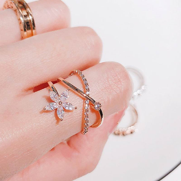 Shinning CZ Flower Criss Cross Open Ring