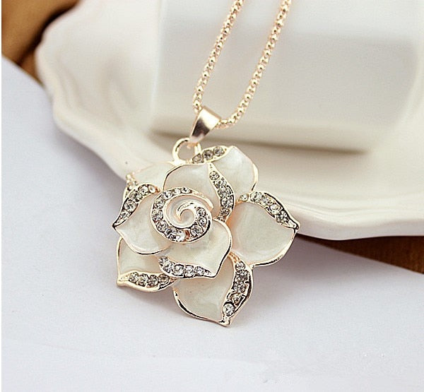 Crystal Enamel Camellia Flower Pendant Necklace