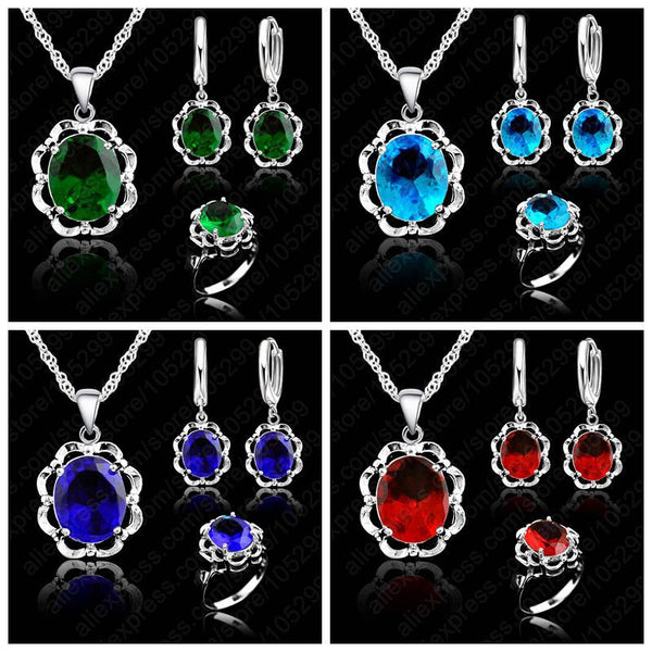 Retro Silver Colorful CZ Pendant Necklace Earrings Ring Sets