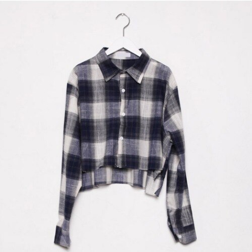 Buffalo Plaid Crop Top Long Sleeve Button Up Shirt Blouse