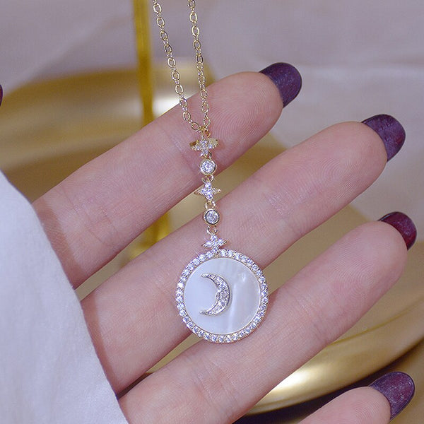 Korean Simple Moon Micro Inlaid CZ Necklace