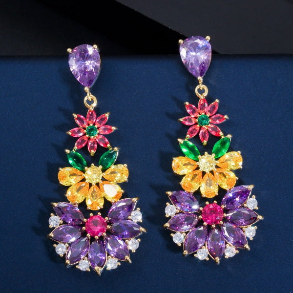 Unique Multicolored CZ Cluster Flower Dangle Drop Earrings