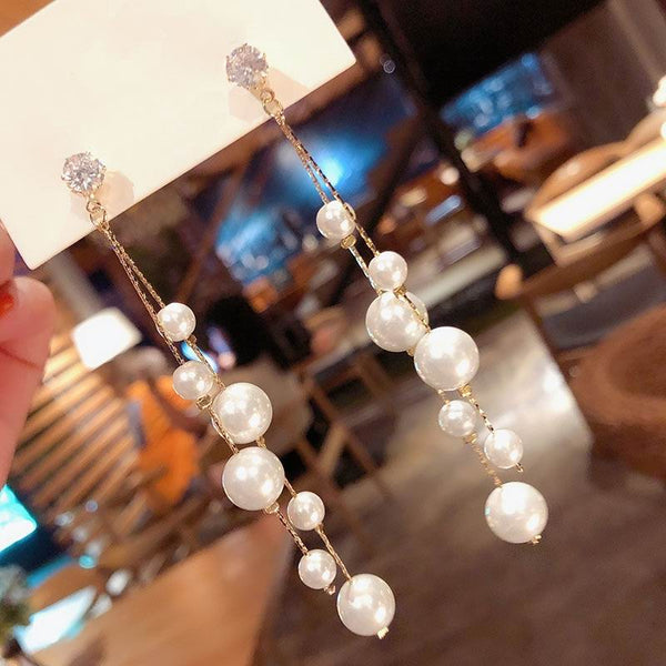 Multi Pearl Long Drop Earrings