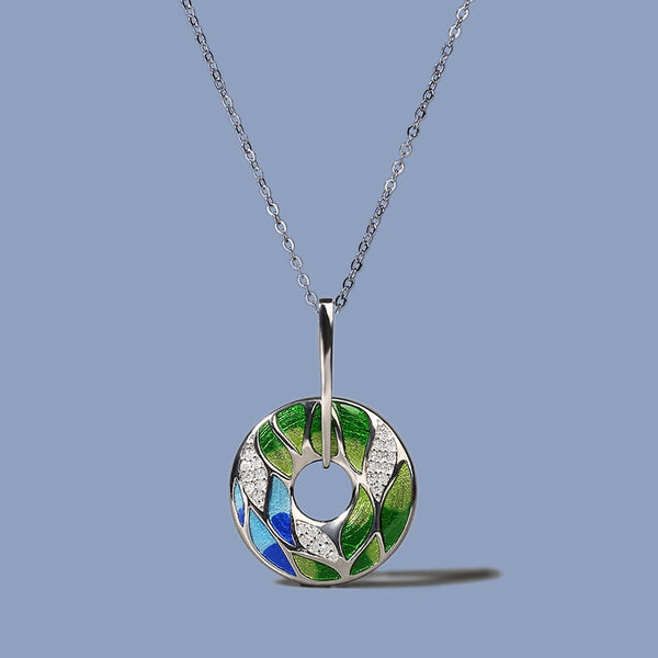 Green Leaves Luminous CZ Handmade Enamel Necklace