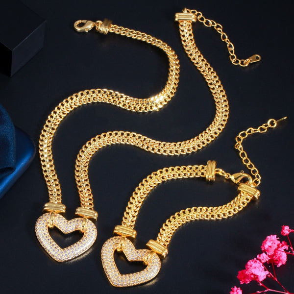 Luxury Gold/Silver Color CZ Heart Choker Necklace And Bracelet Sets