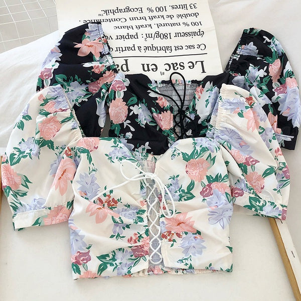 Floral Print Drawstring Blouses Mid Sleeve and Long Sleeve