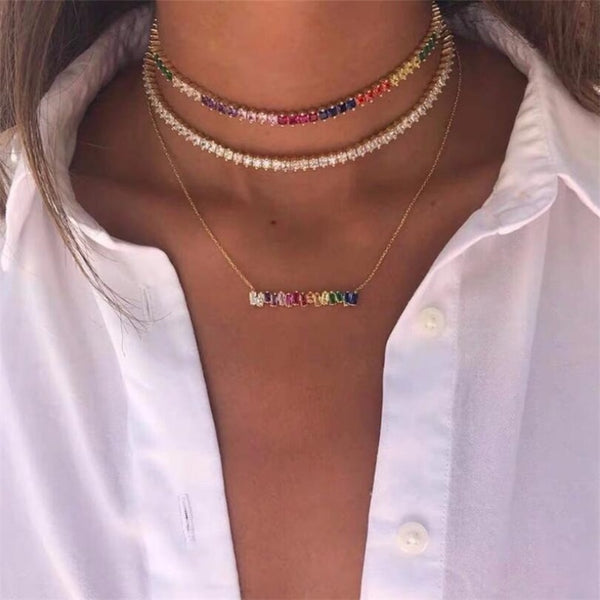 Rainbow Baguette CZ Geometric Necklaces