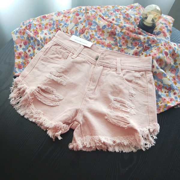 Mid Waist Ripped Denim Shorts