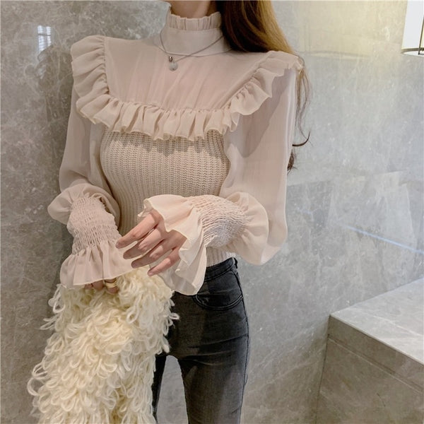 Elegant Knitted Chic Half Turtleneck Lantern Sleeve Tops