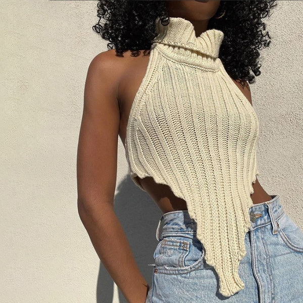 Knitted Worsted Cascading Turtleneck Sleeveless Top