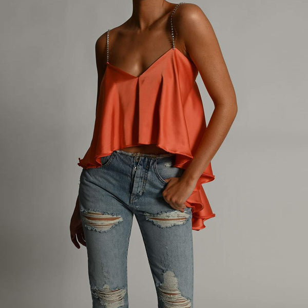 Double Layered Stretchy Draped Satin Ruffle Irregular Crop Top