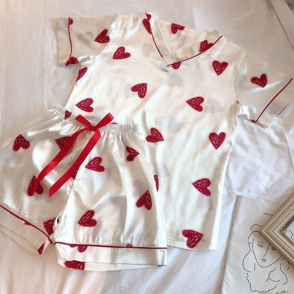 Heart Print Short Sleeves Pajama Set