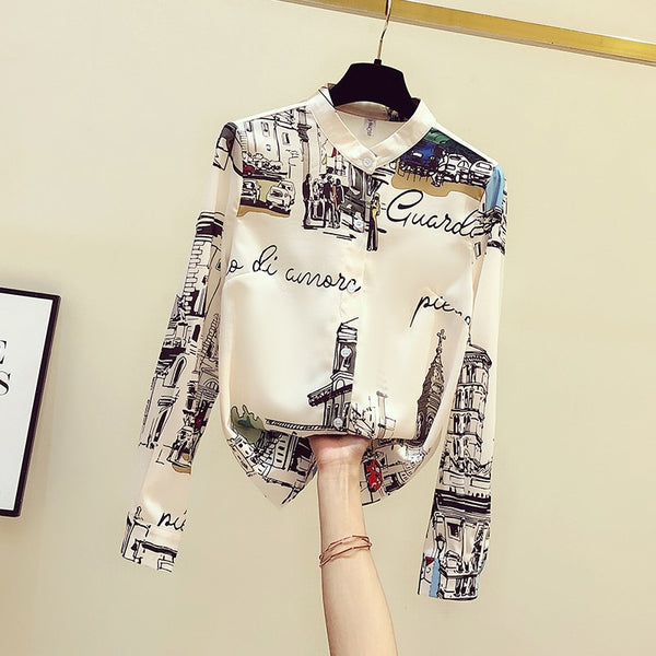 Vintage Print Long Sleeve Chiffon Blouse