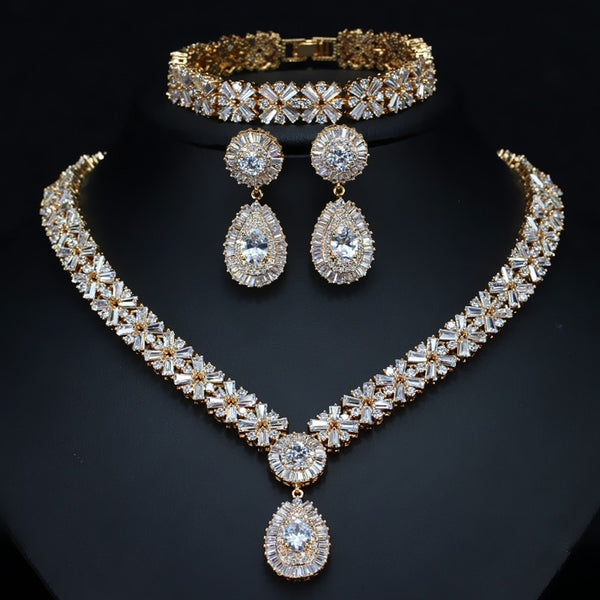 Exclusive Dubai Luxury CZ Necklace Earrings Bracelet Set