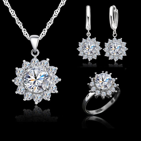 SunFlower CZ Pendant Necklace Earrings Rings Set